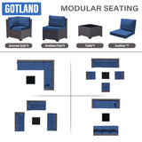 Gotland 7-Piece Outdoor Patio Furniture Set - All-Weather PE Rattan Sectional Wicker with Replaceable Navy Waterproof Cushions & Coffee Table Gotland