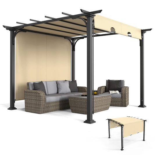 VINGLI 10’x 10' Outdoor Pergola Aluminum Retractable Pergola Canopy with Adjustable Roof, Patio Pergola for Deck, Porch, Garden, Yardn (Beige)