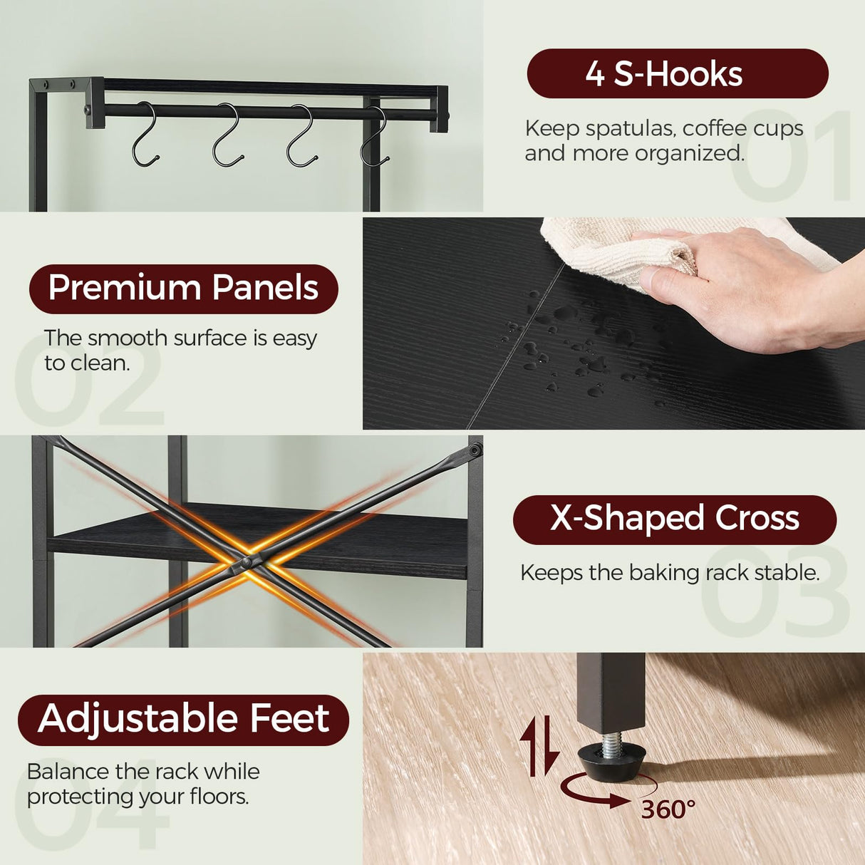 MAHANCRIS Bakers Rack with Drawer, Microwave Stand with Power Outlet, Coffee Bar Station with 4 Hooks, Kitchen Storage Shelf Rack 4 Tiers, for Kitchen, Dining Room, Black BRBK48E01 MAHANCRIS