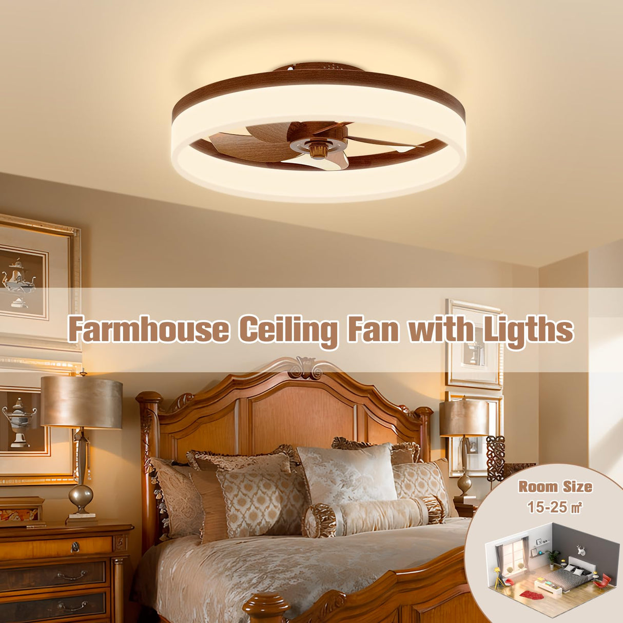 VOLISUN Farmhouse Ceiling Fans with Lights and Remote, 19.7in Low Profile Ceiling Fan Flush Mount, 3000K-6500K Dimmable Bladeless LED Fan Light, Fandelier Ceiling Fans with Lights for Bedroom(Walnut) VOLISUN