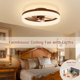 VOLISUN Farmhouse Ceiling Fans with Lights and Remote, 19.7in Low Profile Ceiling Fan Flush Mount, 3000K-6500K Dimmable Bladeless LED Fan Light, Fandelier Ceiling Fans with Lights for Bedroom(Walnut) VOLISUN