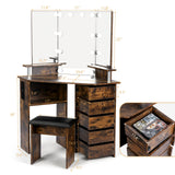 VOWNER Vanity with Lights - Makeup Vanity Desk with Power Outlet, 3 Color Lighting Options Brightness Adjustable, Vanity Table with 5 Rotating Drawers, Shelves and Stool for Bedroom, Rustic VOWNER