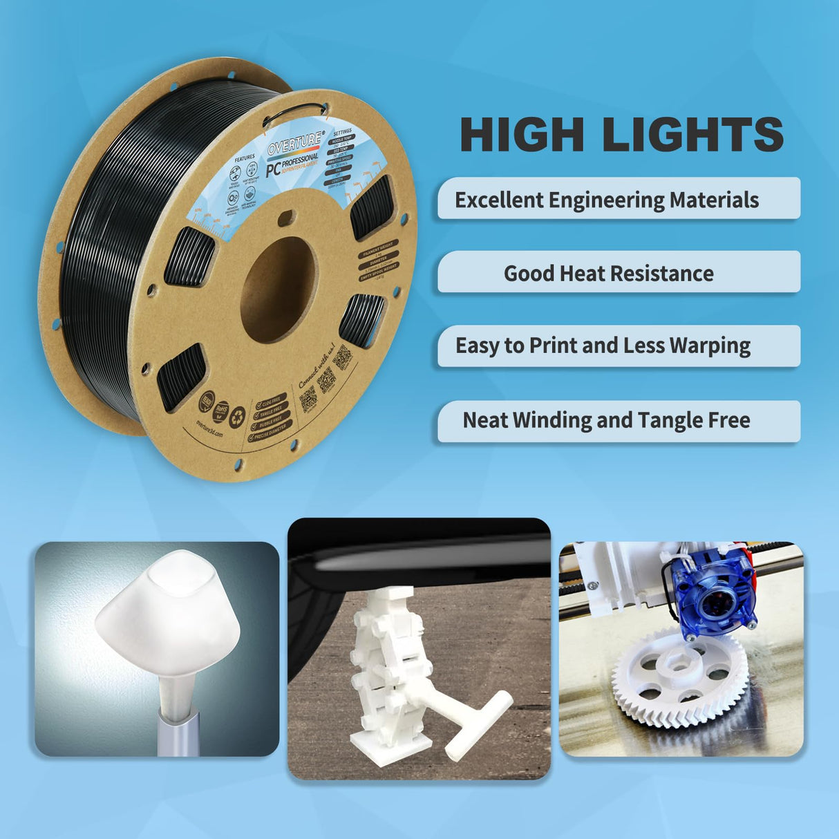 OVERTURE Tough PC Professional Filament, Cardboard Spool, 1kg(2.2lbs), Dimensional Accuracy Probability +/- 0.02mm, Fit Most FDM Printer (Black) OVERTURE