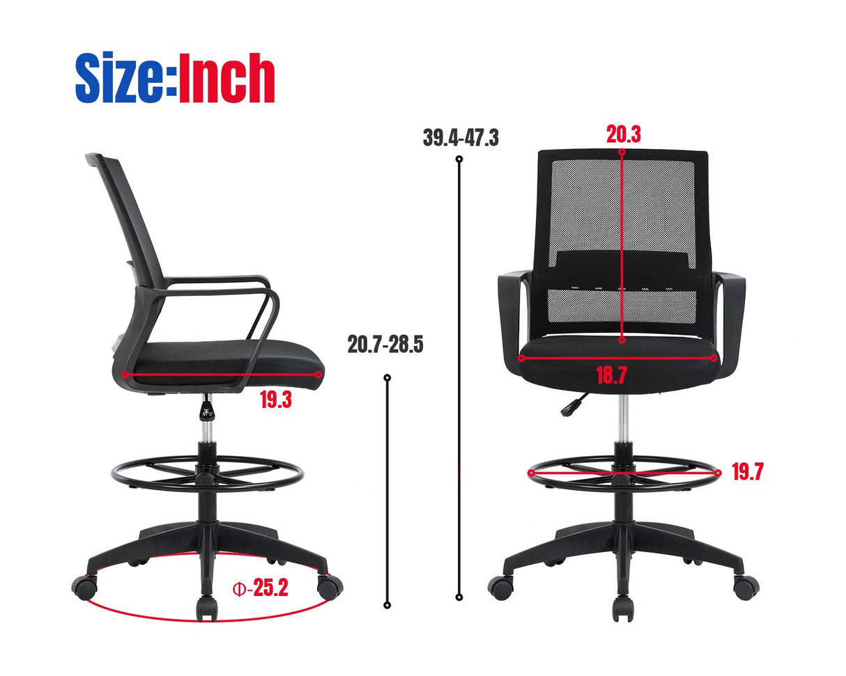 Drafting Chair Tall Office Chair Adjustable Height with Lumbar Support Arms Footrest Mid Back Desk Chair Swivel Rolling Mesh Computer Chair for Adults Standing Desk Drafting Stool(Black) BestOffice