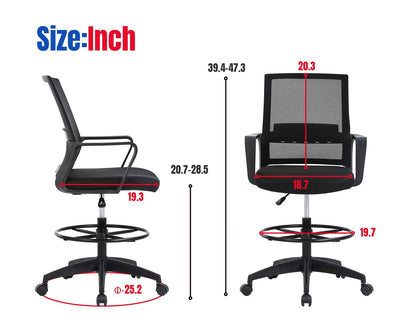 Drafting Chair Tall Office Chair Adjustable Height with Lumbar Support Arms Footrest Mid Back Desk Chair Swivel Rolling Mesh Computer Chair for Adults Standing Desk Drafting Stool(Black)