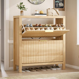YOMILUVE Shoe Cabinet Storage for Entryway, Fluted Shoe Cabinet with 2 Flip Drawers, Hidden Shoe Rack Tall Freestanding Shoe Organizer with Legs for Hallway, Wood YOMILUVE