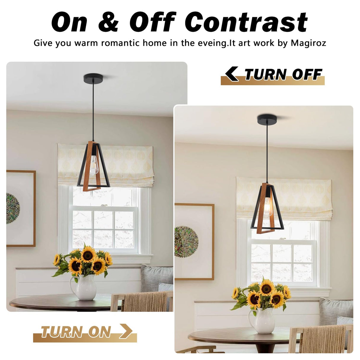 Magiroz Industrial Farmhouse Black and Wood Pendant Lights Kitchen Island 1 Light Adjustable Rustic Mini Wooden Hanging Light Fixtures Kitchen Single Pendant Lighting Over Island MPL28-1 (1 Pack) Magiroz