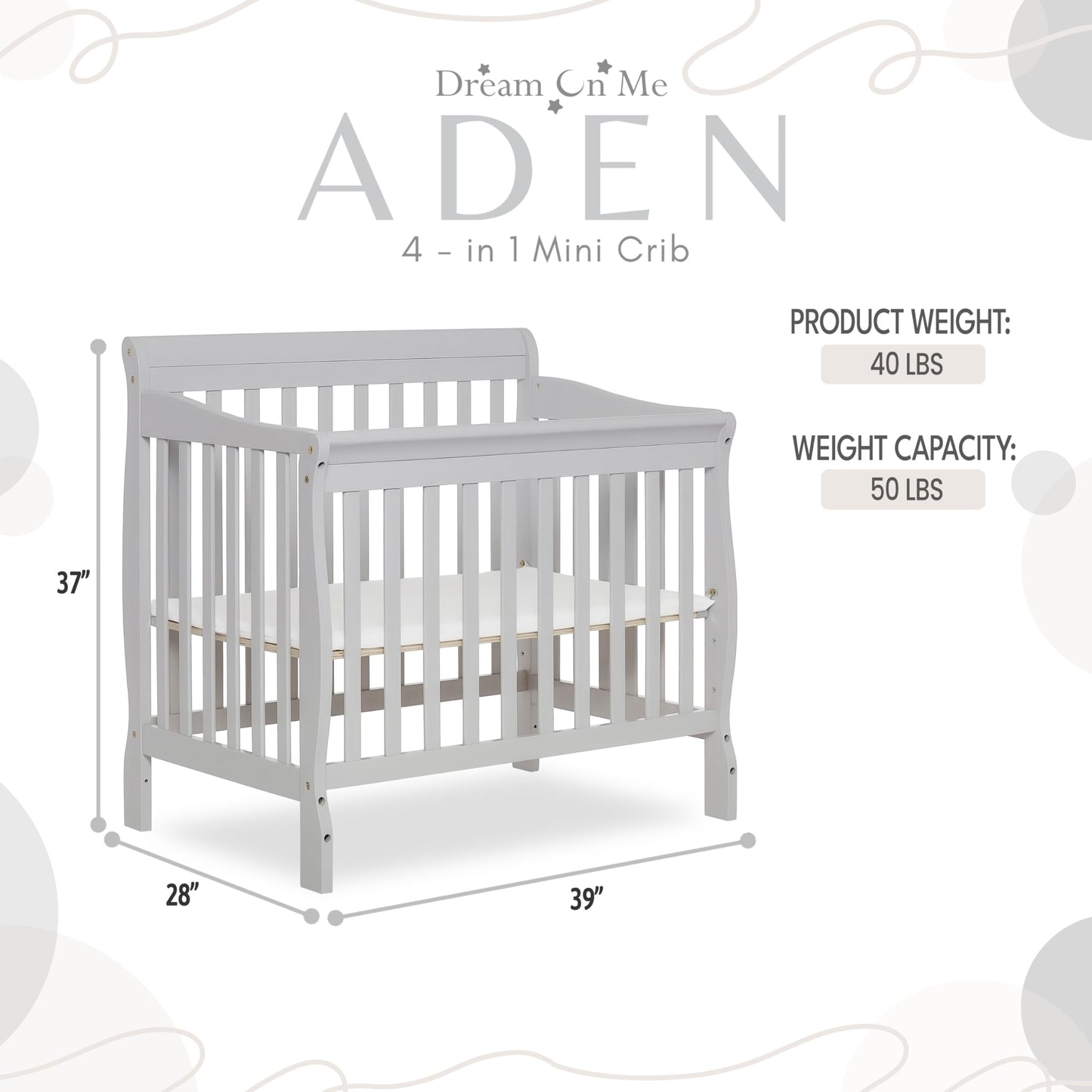 Dream On Me Aden 4-in-1 Convertible Mini Crib In Grey, Greenguard Gold Certified, Non-Toxic Finish, New Zealand Pinewood, With 3 Mattress Height Settings