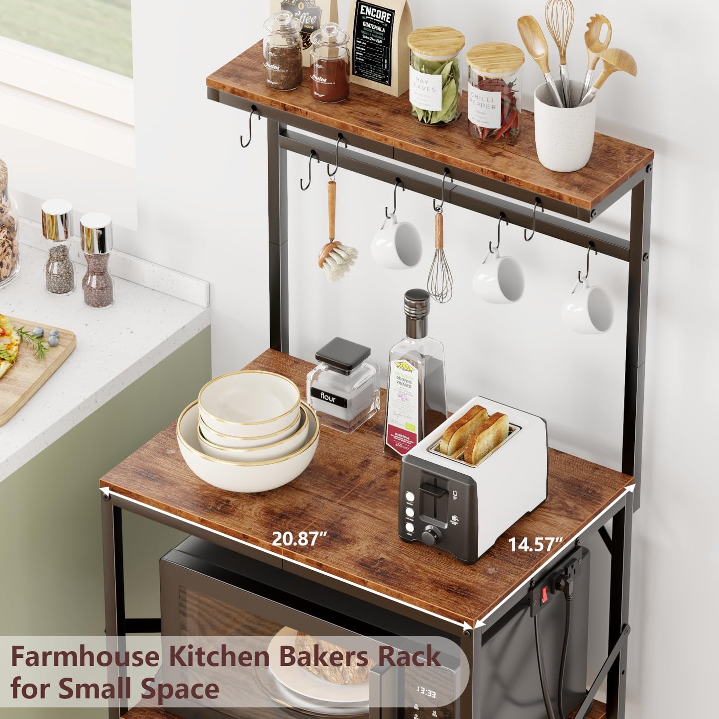 Kitchen Bakers Rack with Power Outlet, Small Microwave Stand with Adjustable Storage Shelves, Coffee Bar Table with 8 Hooks, 4 Tiers Kitchen Coffee Stand Station for Small Space, Rustic Brown