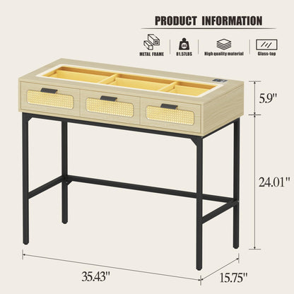 FREDEES Makeup Vanity with LED Lights - Vanity Desk with Glass Top Design & Charging Station, Wooden Makeup Table with Rattan Drawers, Bedroom Furniture Dressing Table Office Desk