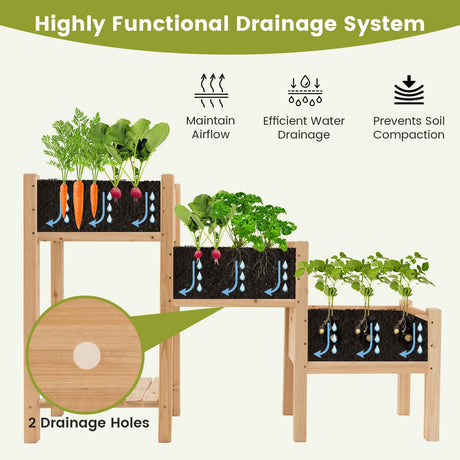 HAPPYGRILL 3-Tire Raised Garden Bed, Wooden Raised Planter Box with 3 Planter Boxes, Drainage Holes, Open Storage Shelf, Outdoor Garden Bed with Legs for Plant, Fruit, Vegetable, Flower, Herb HAPPYGRILL