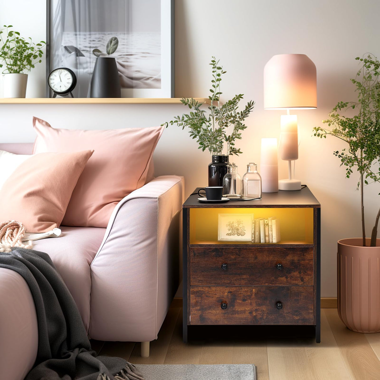 Tykacna 27 Inch Wide Night Stand, Wooden Night Stand with 2 Drawers, LED Nightstands with Charging Station and Adjustable Drawer for Living Room/Bedroom/Study/Office Nightstand, Retro Brown. Tykacna