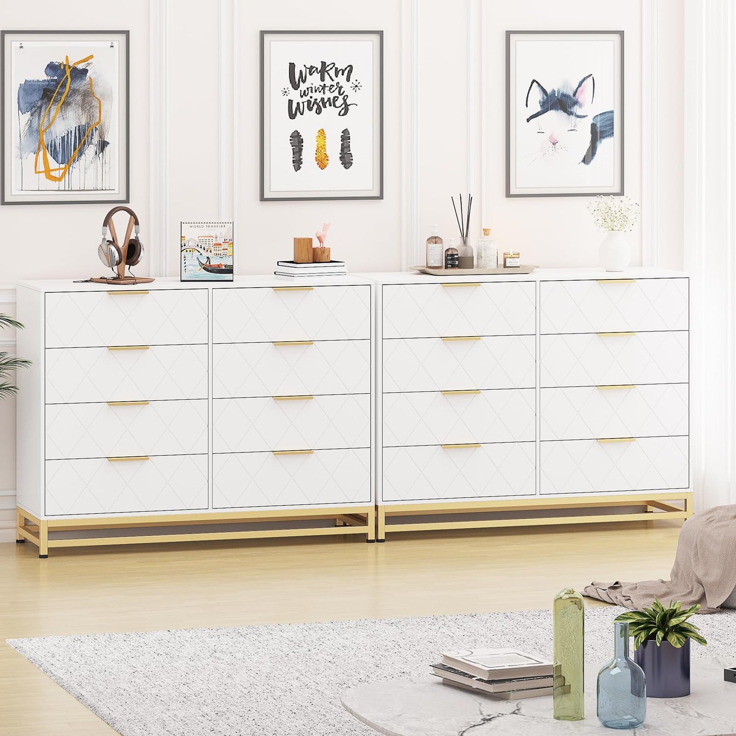 Patikuin 8 Dresser for Bedroom Wooden with 8 Drawer, Chest of Drawers Wide Dresser with Metal Handle, White Dresser for Bedroom,Living Room,Hallway and Entryway