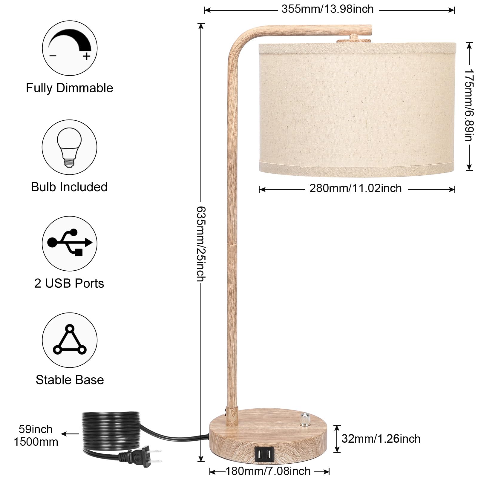 Farmhouse Table Lamp, Fully Dimmable Bedisde Lamp with Dual USB Charging Ports, Modern Nightstand Lamp, Tall Table Lamp Desk Reading Lamp for Living Room, Bedroom, Office, 9W LED Bulb Include - WoodArtSupply