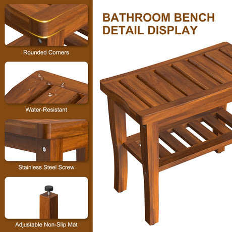 Teak Wood Shower Bench Stool with Storage Shelf, Wooden Waterproof Bathroom Spa Bathing Teak Shower Stool with Non-Slip Feet Gadget 2024 for Indoor or Outdoor Shower Chair Seat Organizer Greenual