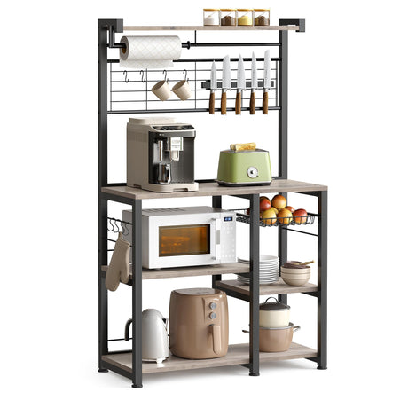 VASAGLE Greige and Black Bakers Rack with Magnetic Knife Holder, Paper Towel Holder, Wire Basket, and 8 Hooks for Organised Kitchen Storage VASAGLE
