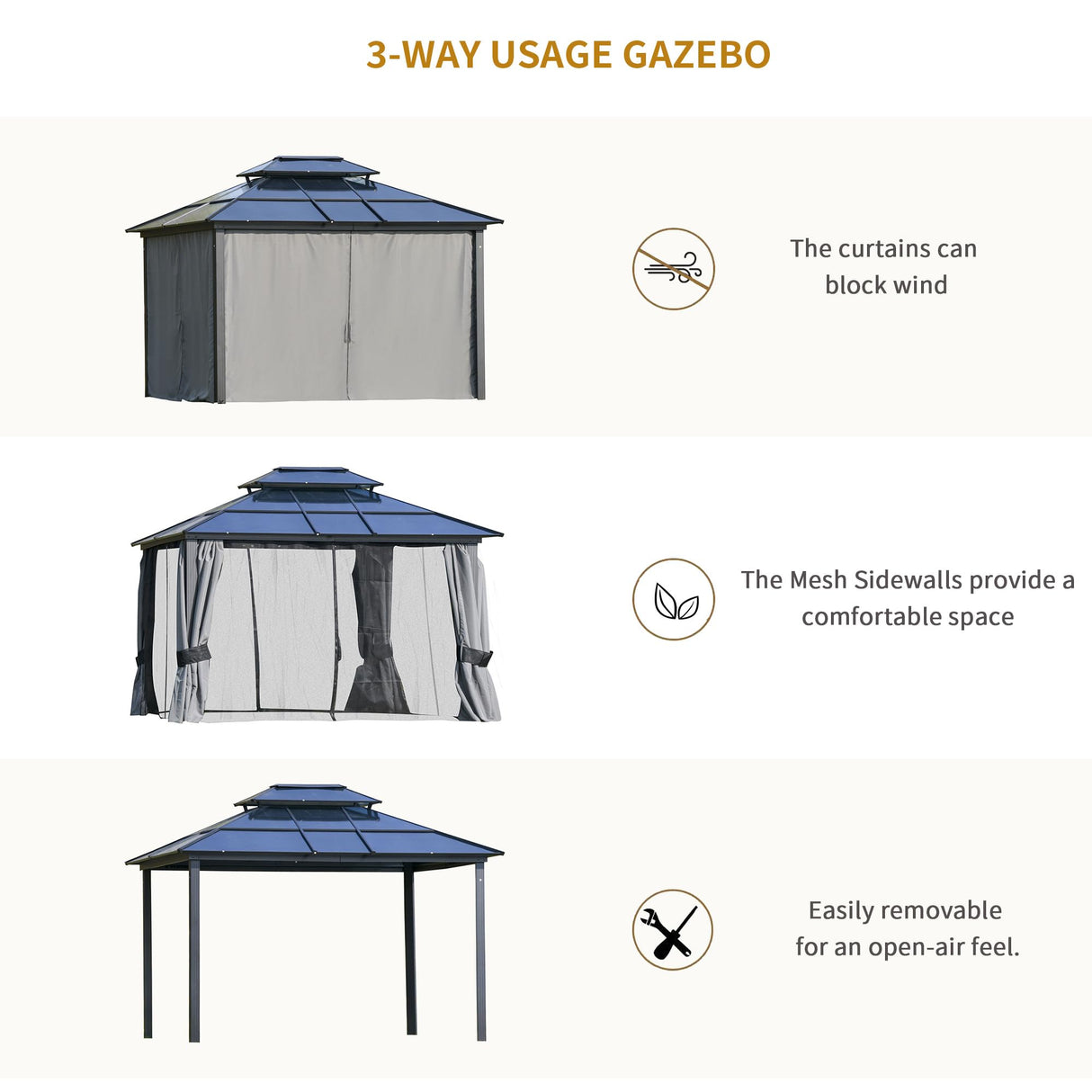 Outsunny 10' x 12' Hardtop Gazebo Canopy with Polycarbonate Roof, Aluminum Frame, Permanent Pavilion Outdoor Gazebo with Netting, for Patio, Garden, Backyard, Deck, Lawn, Light Gray Outsunny