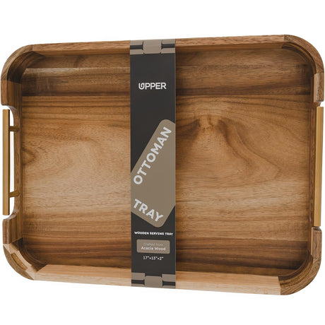 UPPER Ottoman Tray 17x13 Inches Acacia Wood Serving Tray with Handles, Decorative Serving Tray with Handles, Wooden Serving Tray for Ottoman, Coffee Table Tray, Breakfast Tray Anti-Skid Pad Included Upper