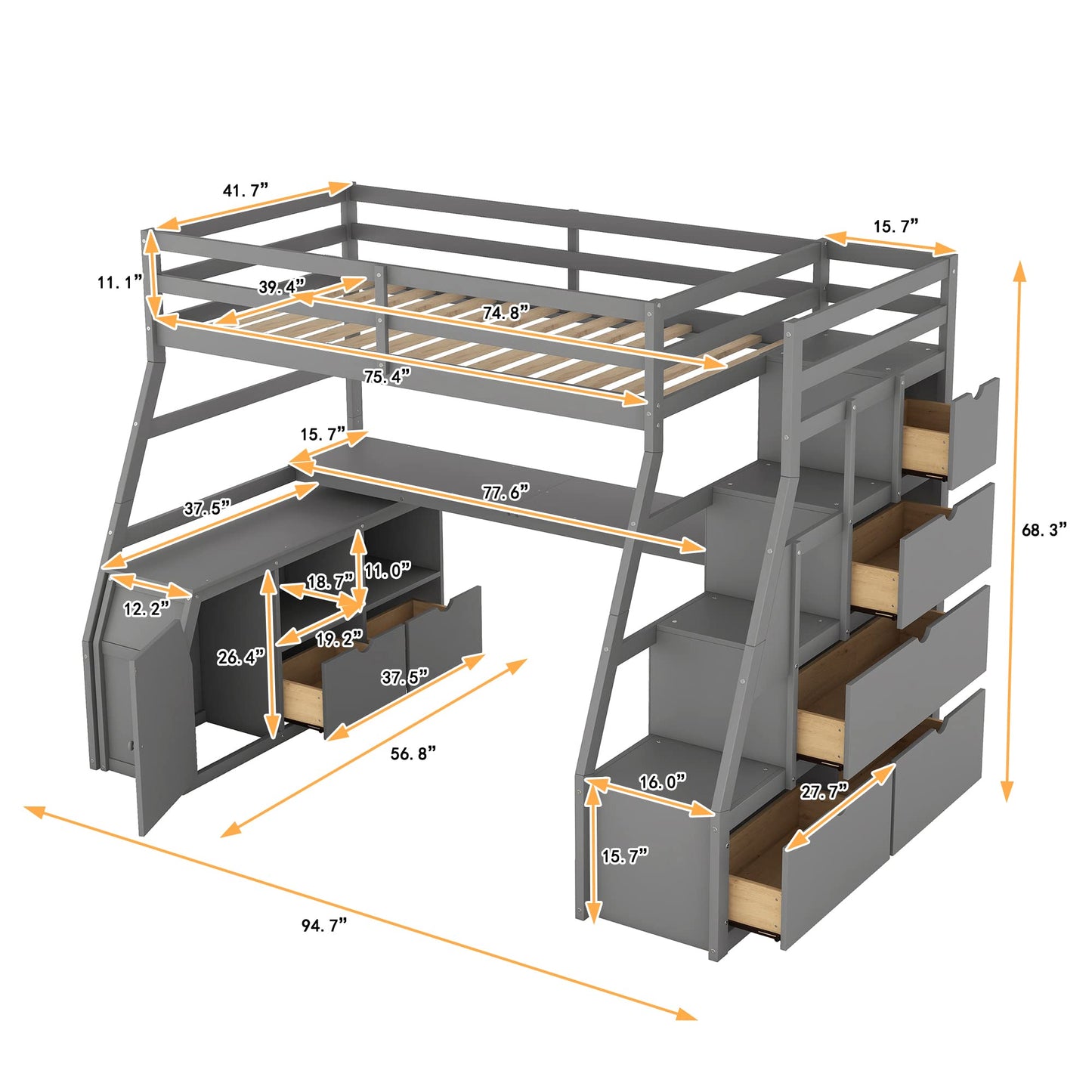 CKLMMC Multifunctional Twin Loft Bed with Storage Drawers, Desk, and Shelving – Grey - WoodArtSupply