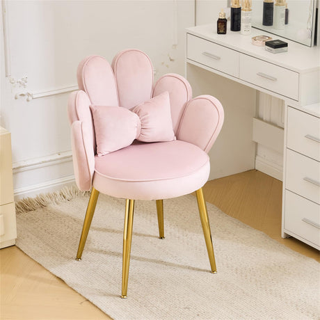 VINGLI Petal Makeup Vanity Chair with Back,Flower Cute Girls Desk Chair Comfy No Wheels,Modern Dining Chair,Small Accent Chair with Adustable Gold Legs&Bow Pillow for Home Office,Bedroom,Velvet,Pink VINGLI