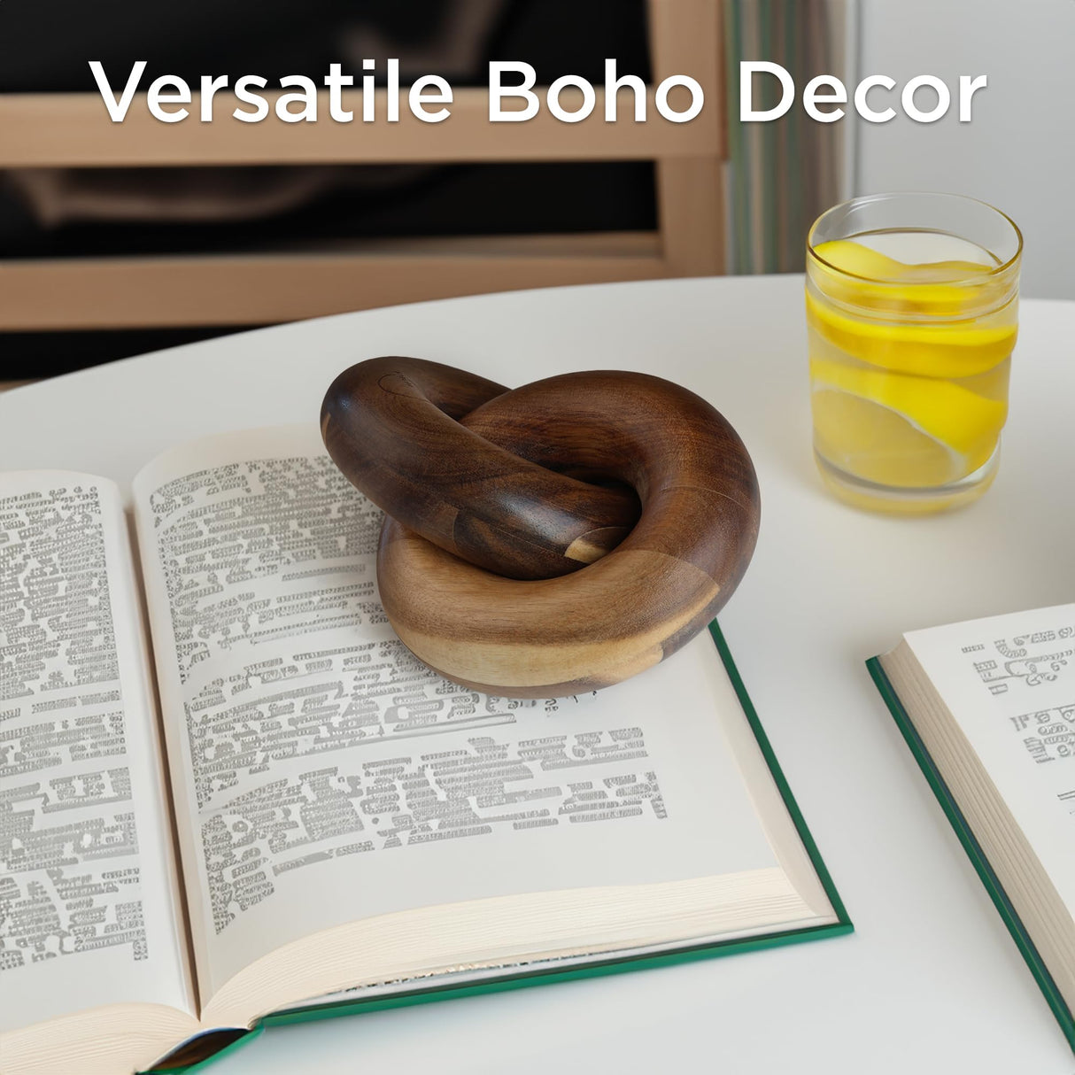 VETELK 2 Link Wood Chain Link Decor Wood Knot Decor for Coffee Table, Living Room, Bookshelf - Hand Carved Farmhouse Decorative Fusion Knots - Boho Acacia Knot Sculpture for Scandirustic Home Accents VETELK