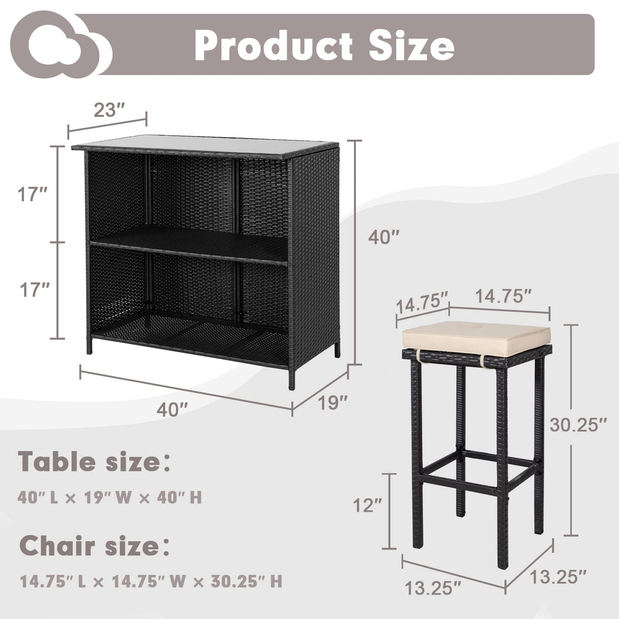 Crownland 3-Piece Wicker Patio Outdoor Bar Set, 2 Stools and 1 Glass Top Table, Bistro Set, Brown Furniture for Deck, Lawn, Backyard Crownland