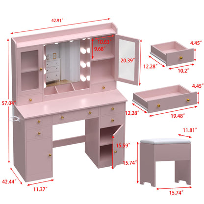 Wodeer Vanity Desk with Lighted Mirror & Power Strip,Makeup Vanity Table with RGB LED Lights & Chair,White Dressing Table Set with 7 Drawers & 2 Cabinet for Girls Women Bedroom & Dressing Room,Pink