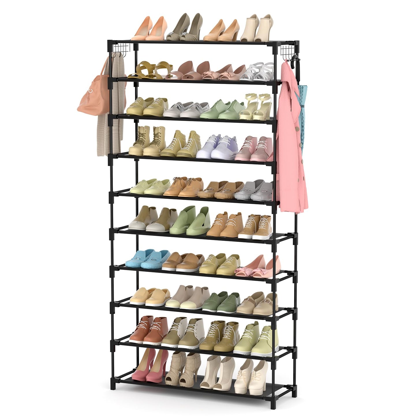 LANTEFUL 10 Tiers Shoe Rack 50 Pairs Large Capacity Tall Shoe Organizer Sturdy Shoe Storage with Two Hooks Space Saving Metal Wide Shoe Rack for Closet, Entryway, Bedroom, Black - WoodArtSupply