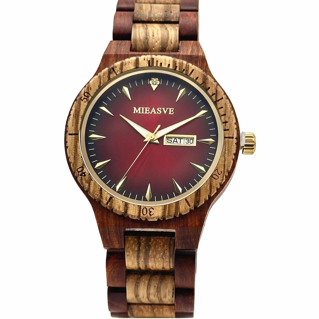 MIEASVE Handmade Wood Watches for Men Red Dial Lightweight Analog Quartz Wooden Watch Adjusted Band MIEASVE