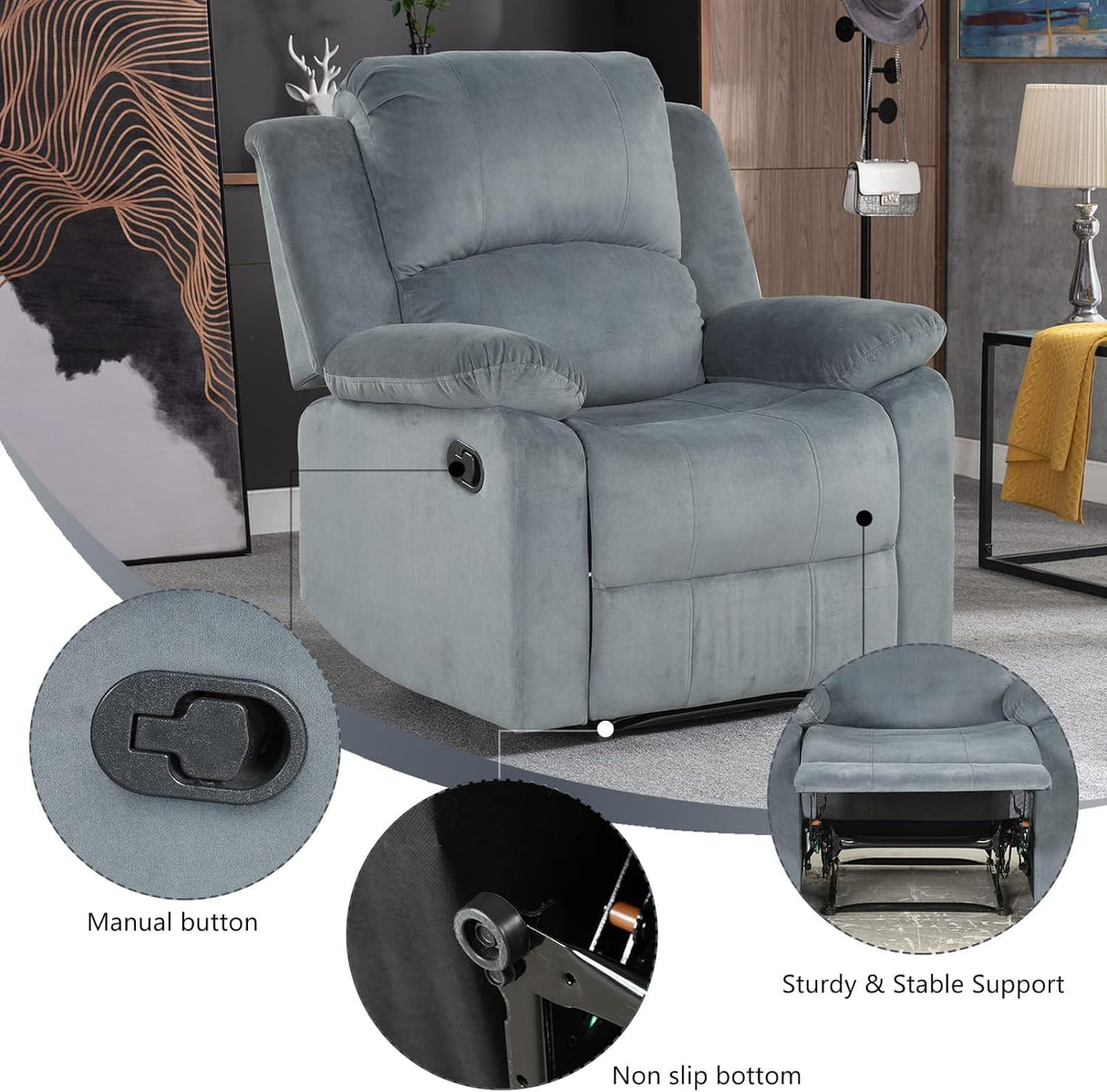 CANMOV Manual Recliner Chair Set of 2, Soft Fabric Overstuffed Recliner Single Sofa Chair for Living Room, Heavy Duty and Safety Reclining Mechanism (Blue Grey) CANMOV