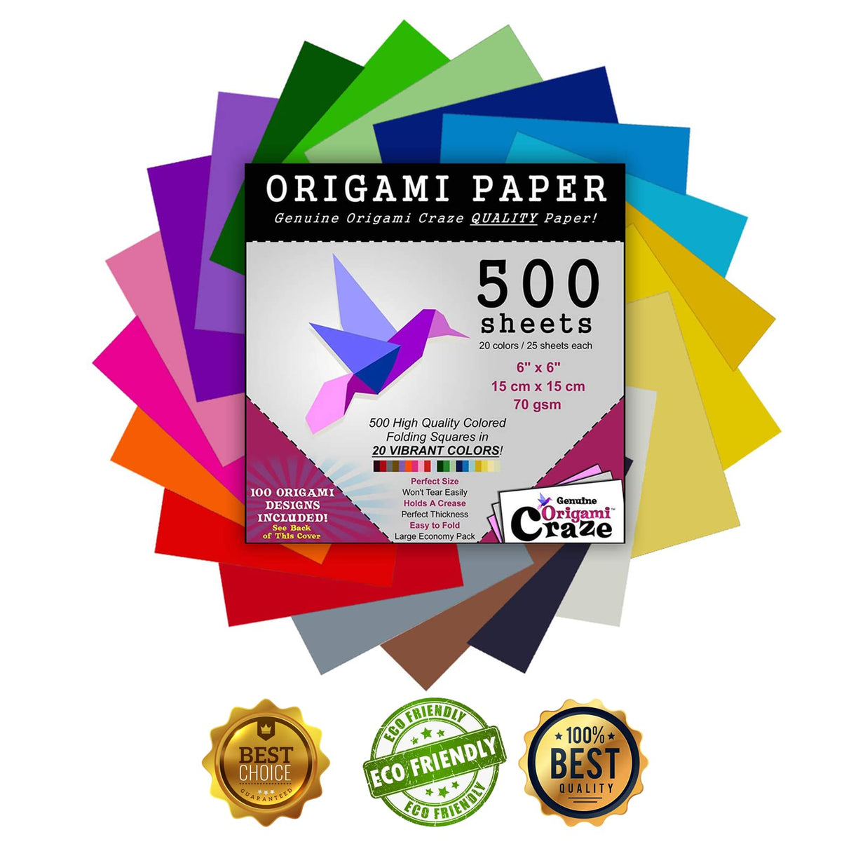 Origami Paper 500 Sheets Premium Quality for Arts and Crafts 6" Square Sheets 20 Vibrant Colours Same Colour on Both Sides 100 Design Ebook Included (See Back of Cover for Download info) Origami Craze