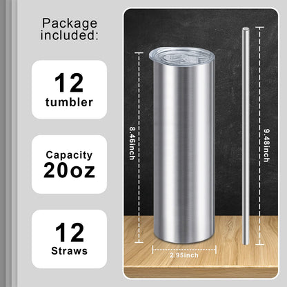 XccMe 20oz Straight Skinny Tumblers Bulk,Stainless Steel Tumbler with Straw,12 Pack Double Wall Slim Insulated Tumbler for Travel,Coffee,Tea, Beverages,Diy Gift For Men Women Friends(Silver)