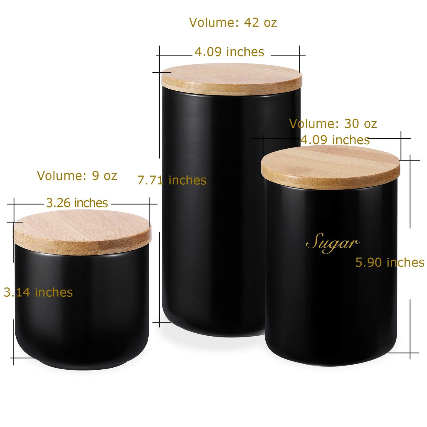 Yangbaga Black Canisters Sets for Kitchen-Set of 3 Coffee Canisters for Countertop with Airtight Wood Lids/Spoons/Stickers, Ceramic Food Storage Containers for Large Suger,Coffee,Tea (42/30/9OZ)