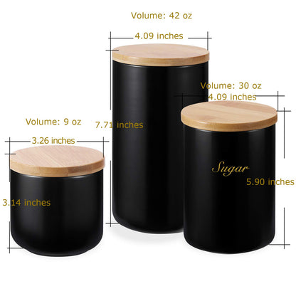 Yangbaga Black Canisters Sets for Kitchen-Set of 3 Coffee Canisters for Countertop with Airtight Wood Lids/Spoons/Stickers, Ceramic Food Storage Containers for Large Suger,Coffee,Tea (42/30/9OZ)