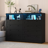 Black Dresser for Bedroom Deep Drawers, 55 Inch Tall Wooden Bedroom Dressers with Power Outlet and Led Lights, Large Modern 8 Drawers Dressers and Tv Stand Dresser for Living Room, Hallway GarveeHome