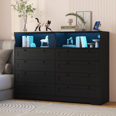 Black Dresser for Bedroom with 8 Drawers, 55 Inch Tall Wood Bedroom Dresser with Charging Station & LED Lights, Large Modern Dressers & Chest of Drawers for Bedrooms, Living Room, Hallway, Entryway