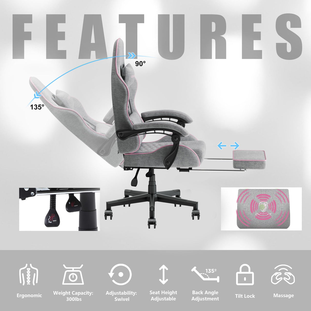 Dowinx Gaming Chair Fabric with Pocket Spring Cushion, Massage Game Chair Cloth with Headrest, Ergonomic Computer Chair with Footrest 290LBS, Pink and Grey Dowinx