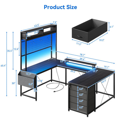 U Shaped Desk with Monitor Stand and LED Lights, U Shaped Gaming Desk with Storage Shelves, Large Computer Desk with Power Outlets, Large Corner Office Desk with 4 Drawers,Black