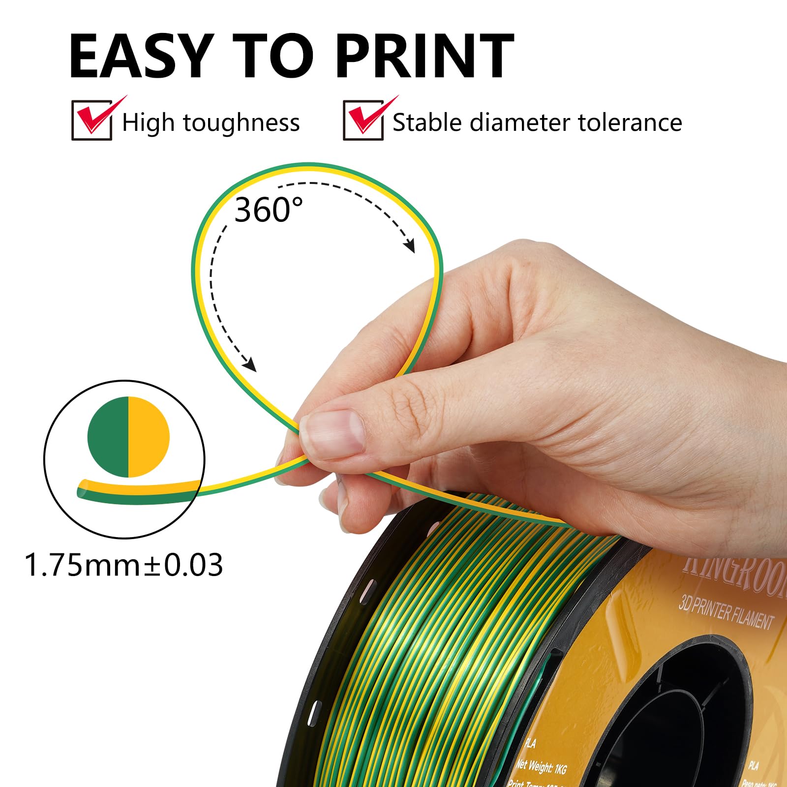 Kingroon PLA 3D Printer Filament, Dual Color Silk PLA Filament, Dimensional Accuracy +/- 0.03 mm, 1kg Spool(2.2lbs), 1.75 mm, Yellow Green - WoodArtSupply