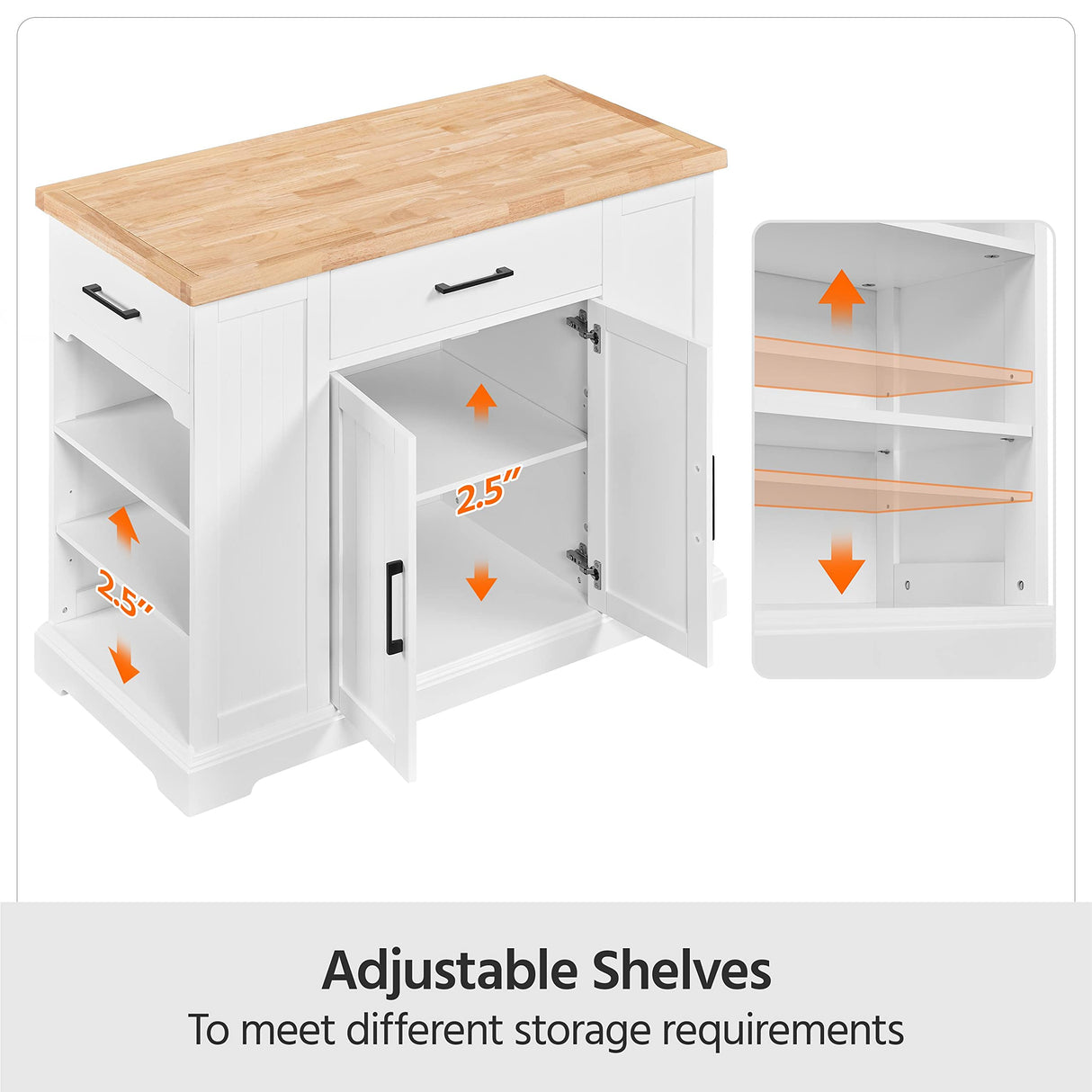 Yaheetech Rolling Kitchen Island Cart with 3 Drawers, Kitchen Storage Cabinet on Wheels with Open Shelves and Inner Adjustable Shelves for Dining Room/Living Room, Thicker Rubberwood Top, White Yaheetech