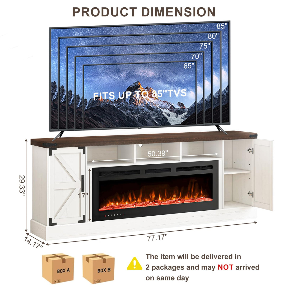 77" Fireplace TV Stand for 85 Inch TV, 50'' Electric Fireplace, Power Outlet, LED Farmhouse Media Entertainment Center Console Table for Living Room, White JassmiPkwy