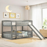 Low Bunk Bed with Slide Twin Over Twin Bunk Beds for Kids Toddlers, Wood Floor Beds Frame with Rails for Boys Girls Teens, Gray Bellemave