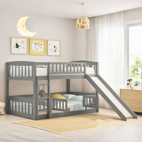 Low Bunk Bed with Slide Twin Over Twin Bunk Beds for Kids Toddlers, Wood Floor Beds Frame with Rails for Boys Girls Teens, Gray Bellemave