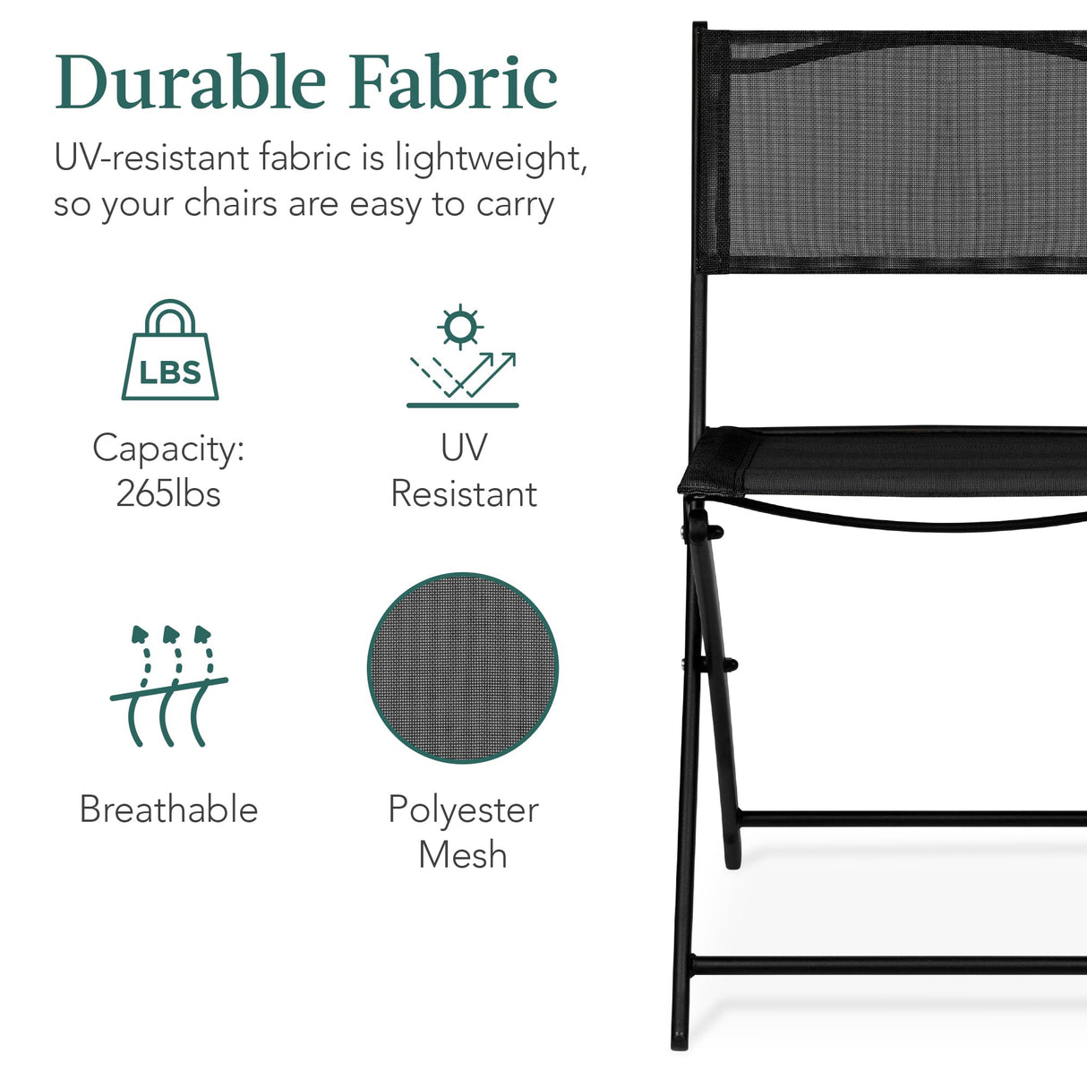 Best Choice Products 3-Piece Patio Bistro Dining Furniture Set w/Textured Glass Tabletop, 2 Steel Folding Chairs, Polyester Fabric - Black Best Choice Products