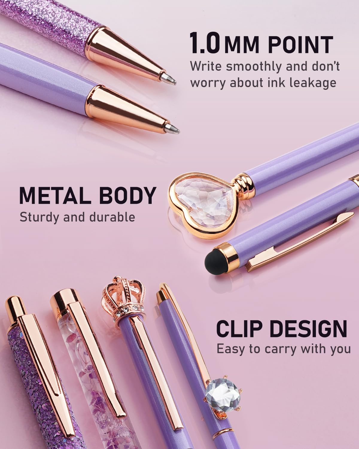 WEMATE 8Pcs Ballpoint Pens Set Metal Crystal Diamond Pen Glitter Pen for Journaling Purple Pens Bling in Black & Blue Ink Pretty Cute Pens Fancy Pens Gifts for Women Wedding School Office Desk(Purple)