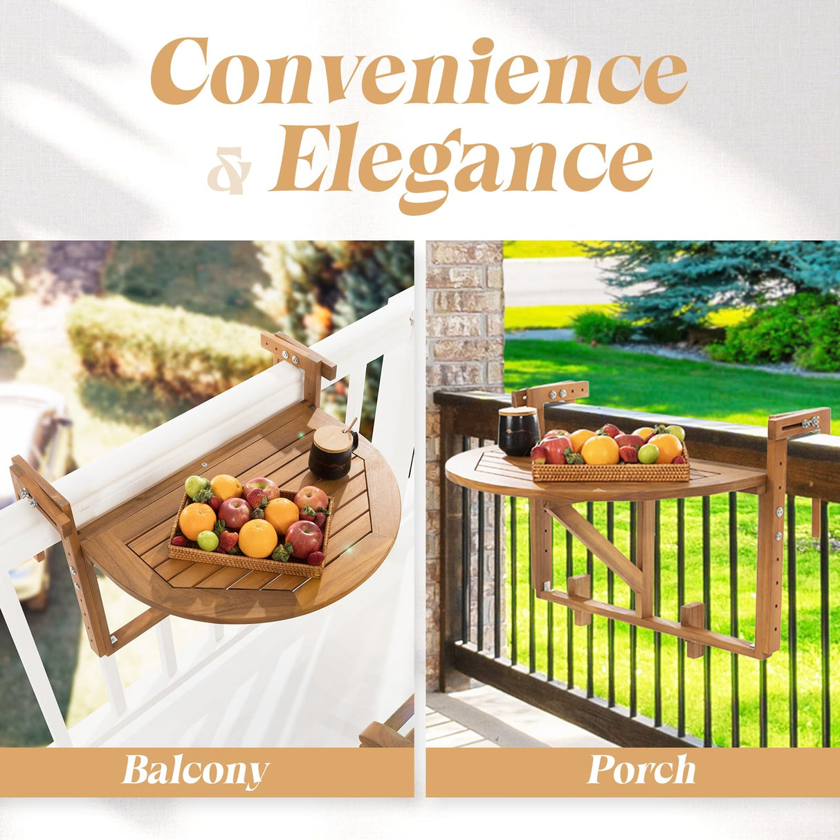 IDZO FSC Acacia Wood Folding Balcony Bar Table for Railings, Adjustable Height & Width, Teak Brush Finish Durable Against Weather, Ideal Spacious Dimension of 27 9/16 x 21 5/8 Inch, Half-Round Design IDZO