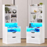 BTHFST Tall Nightstand Set of 2, LED Nightstand with Charging Station, Bedside Table with Shelves and 2 Drawers, Tall End Side Table with LED Lights and Storage, White BTHFST
