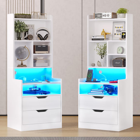 BTHFST Tall Nightstand Set of 2, LED Nightstand with Charging Station, Bedside Table with Shelves and 2 Drawers, Tall End Side Table with LED Lights and Storage, White BTHFST