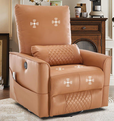 Power Swivel Recliner Chair with Massage Heat USB Port, Extra Wide Lay Flat Recliners Massaging Chair, Oversized Electric Leather Recliner Chair for Adults, Orange