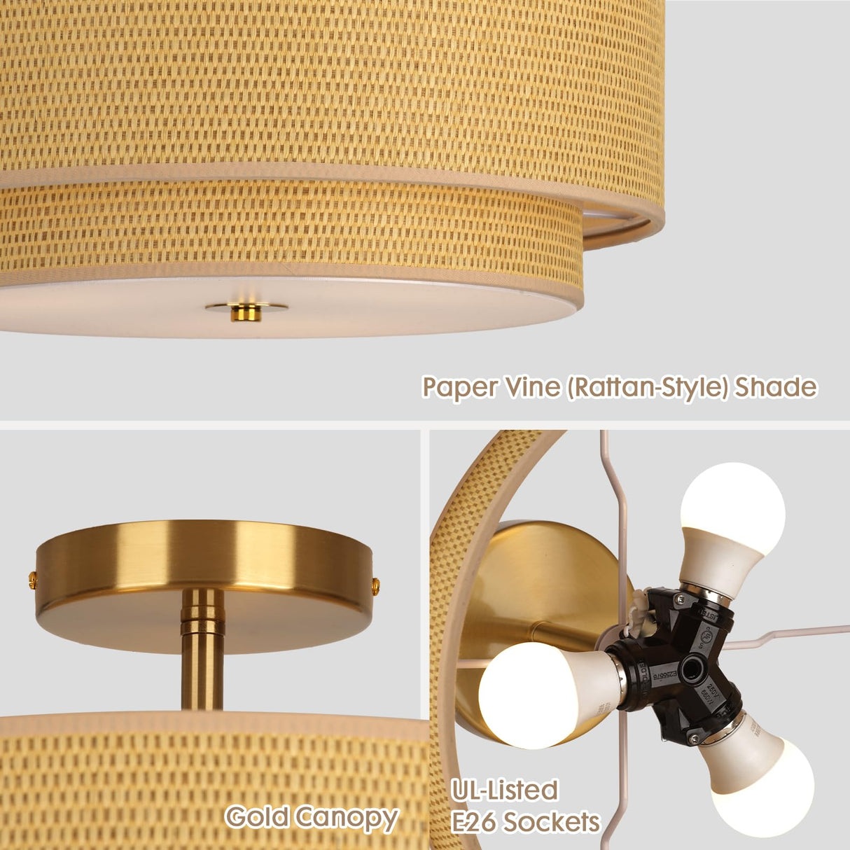 HILUXIA 16 Inch Modern Semi Flush Mount Ceiling Light Fixture, Double Rattan and Wicker Style Drum Shade, Gold Farmhouse Flush Ceiling Lamp for Bedroom, Living Room, Dining Room, Kitchen HILUXIA